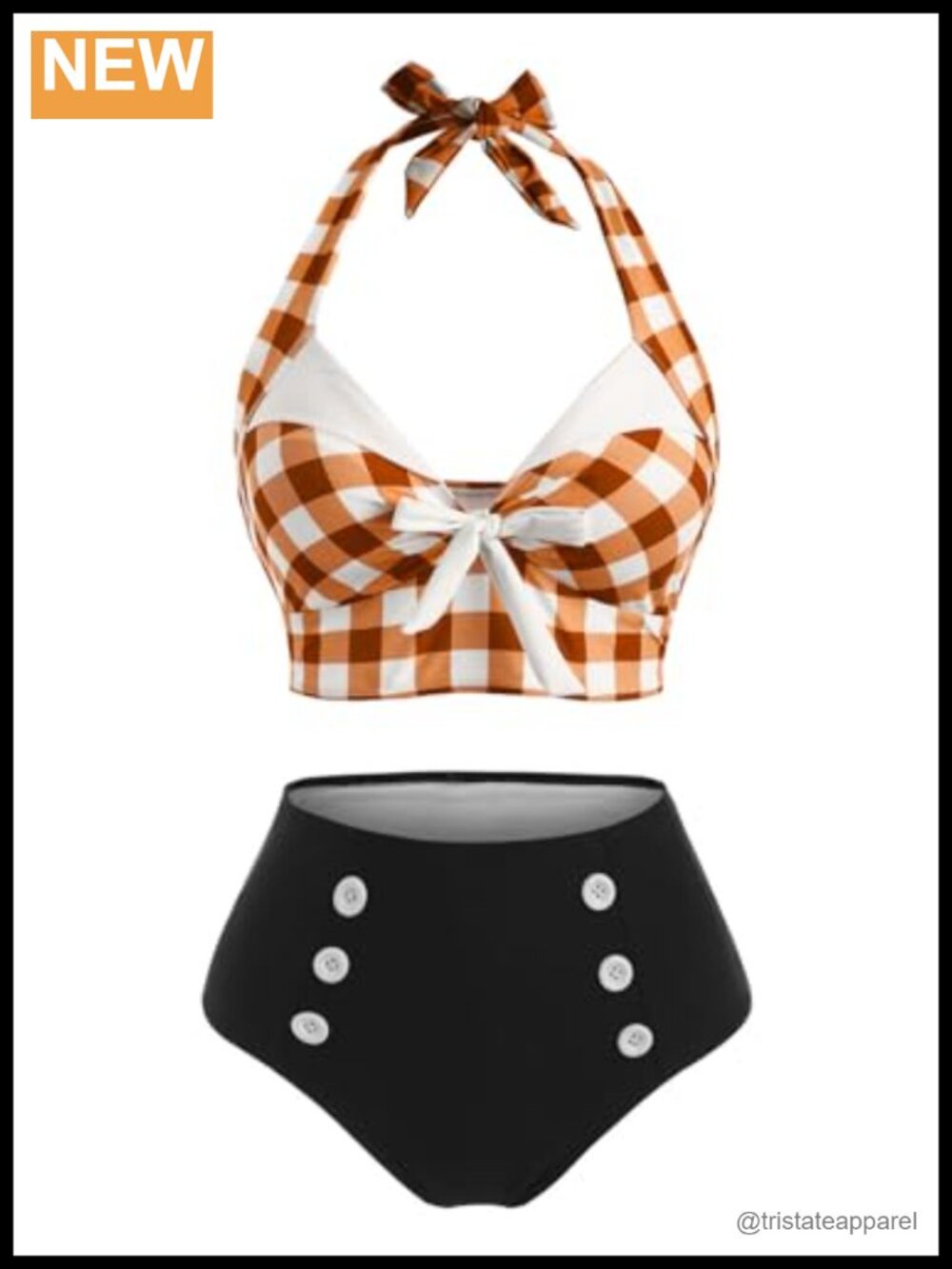 High Waisted Bikini Set Retro Plaid Halter Tie Neck Tummy Control Two Piece